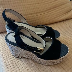 Sam Edelman Black Suede Espadrille Wedge Sandals with Gold Buckle
